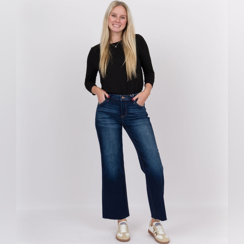 Risen 13/31 Mid Rise Cropped Straight Raw Hem Deep Blue Denim Jeans Boutique